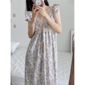 韓國2024夏季蕾絲V領吊帶長款睡裙女甜美碎花公主純棉睡衣帶胸墊