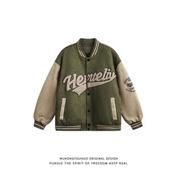悟空有貨美式復古麂皮絨拼接夾棉棒球服男女冬季情侶加厚保暖外套