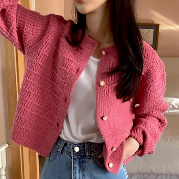 女款復古小香風圓領針織外套  均碼  粉紅色