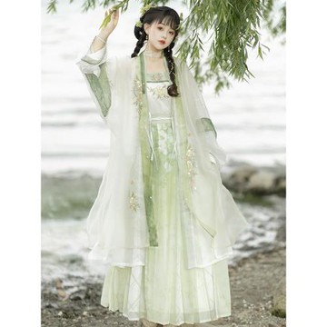 漢造司流蘇花語宋制漢服女長干寺半袖對襟長褙子百褶裙吊帶春秋夏