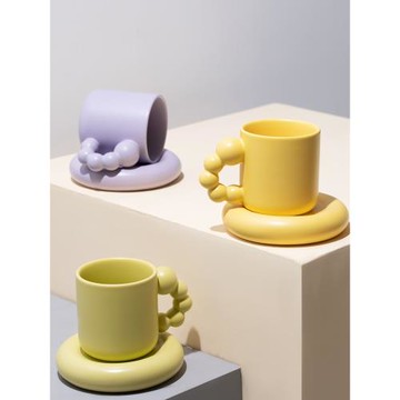 北歐ins創意圓球手柄杯子可愛胖胖小眾磨砂陶瓷咖啡馬克杯碟套裝