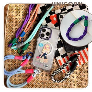 七彩尼龍撞色短款手機掛繩夾片組 吊繩 短繩 防丟吊繩 耳機掛繩 手機吊繩 手機繩 Unicorn