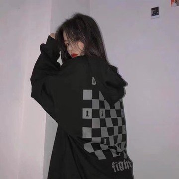 春秋新款國潮棋盤格衛衣女設計感寬松套頭連帽上衣服男女同款
