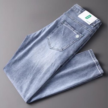 淺藍百搭春夏季薄款 男士牛仔褲直筒小腳修身韓版潮流 百搭褲子男