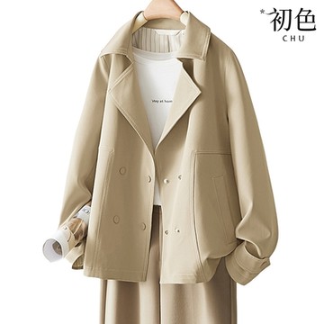 初色 休閒純色薄款簡約寬鬆短款長袖風衣外套女外套-卡其色-37466(M-2XL可選)