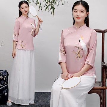 夏裝新款中國風改良漢服女旗袍中式真絲t恤女旗袍上衣茶人服1入