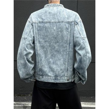 金屬解構感機車牛仔外套男款春秋季美式街頭痞帥寬松水洗立領夾克
