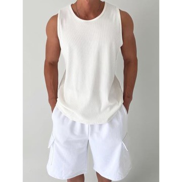 白色運動寬松針織背心男夏季硬漢顯肌肉彈力無袖t恤透氣打底上衣