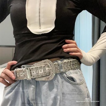 新款夏季美式復古辣妹y2k鑲水鉆腰帶針扣百搭時尚女小眾設計皮帶