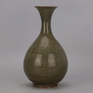 宋 耀州窯青釉牡丹花卉玉壺春瓶 仿古做舊收藏古典家居裝飾收藏