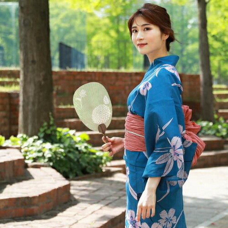 [紺撫子]綿麻浴衣単品 浴衣 単品 レトロ 高級変わり織り綿麻浴衣単品「青地にピンクの