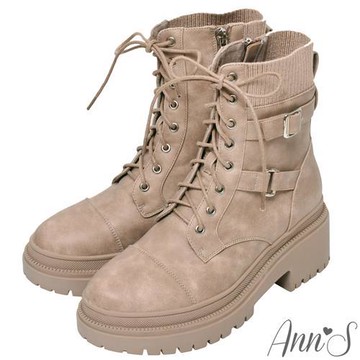 Ann’S打造漫畫腿-異材質拼接毛線靴筒綁帶個性輕量厚底軍靴-可可