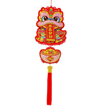 摩達客 春節開運招財舞獅吊飾 精緻立體水晶元寶流蘇掛飾 居家店面新年裝飾  1入  粉彩  23 x 90 x 1.5cm