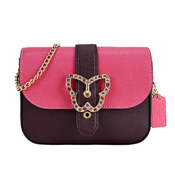 COACH GEMMA 蝴蝶水鑽釦撞色防刮斜背包(桃x酒紅)