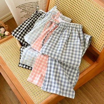 日系格子純棉紗布睡褲女士直筒長褲春秋四季薄款寬鬆可外穿家居褲