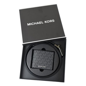 MICHAEL KORS 男款 緹花LOGO防刮短夾/雙面用皮帶禮盒-黑色