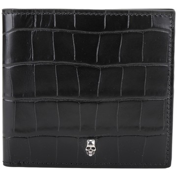 Alexander McQueen 骷髏頭銀飾鱷魚紋壓花8卡對折短夾(黑色)