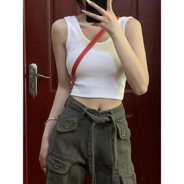 大碼胖mm白色小背心內搭打底無袖吊帶女春季外穿露臍辣妹短款上衣