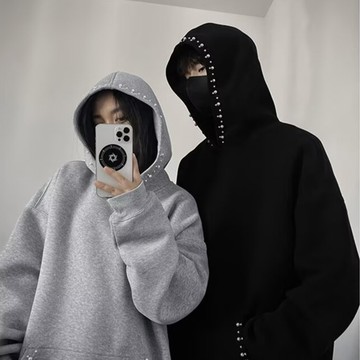 美式珍珠釘珠連帽素色大學T男 長袖新款套頭寬鬆百搭灰色上衣男