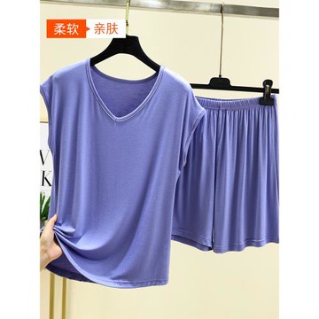 莫代爾V領無袖睡衣套裝女夏季薄款家居服大碼休閑外穿純色T恤短褲