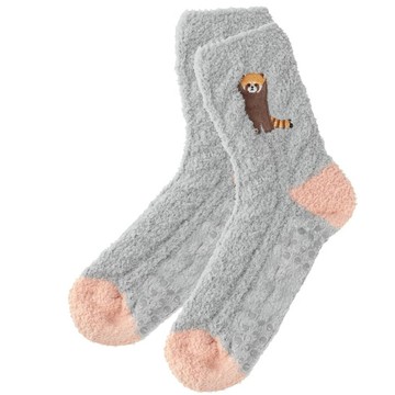 日本 friendshill - 可愛刺繡柔軟針織保暖室內襪-小浣熊-灰藍 (22-25cm)