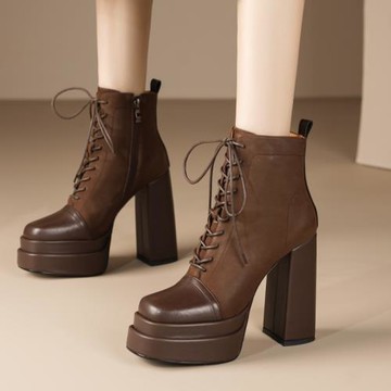 防水臺方頭恨天高馬丁靴女厚底粗跟真皮系帶小個子高跟短筒靴12cm