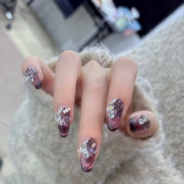 ➕最新設計款穿戴甲💅【闇夜玫瑰】純手工穿戴甲爆閃大鑽玫瑰紫K9高級顯白純手作美甲片短梯穿戴甲 LPYC