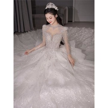 長袖主婚紗2025新娘新款法式在逃公主孕婦小個子秋季長拖尾出門紗