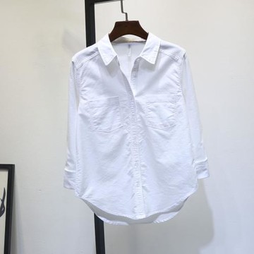 基礎款顯瘦氣質百搭打底襯衫女春秋韓版翻領長袖雙口袋白色襯衣女