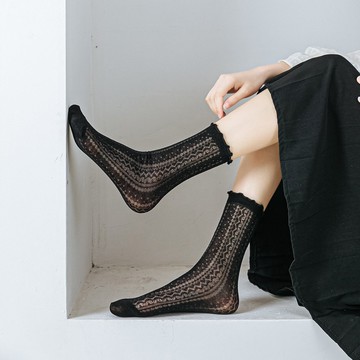 日系ins春夏季薄款蕾絲網眼女中筒襪 黑白色lolita木耳花邊堆堆襪