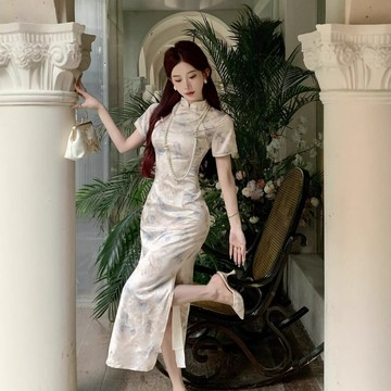 品質夏新中式國風改良素雅旗袍2025年夏季新款年輕款少女修身長鑫弘-素時衣櫥
