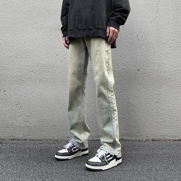 美式高街牛仔褲男秋潮流hiphop百搭寬松直筒褲泥黃色水洗復古褲子