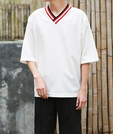 FINDSENSE MD 時尚 男 韓國 純棉 寬鬆五分袖  V領拼條 大碼 休閒 運動短T 特色短T 短袖T恤