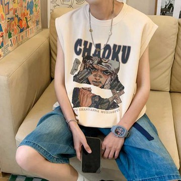 背心男2024新款全純棉美式印花內搭潮牌爆款時尚坎肩寬松無袖T恤