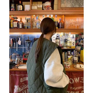 LIL CHER菱格復古棉馬甲女2024秋冬新款寬松無袖坎肩外搭背心上衣