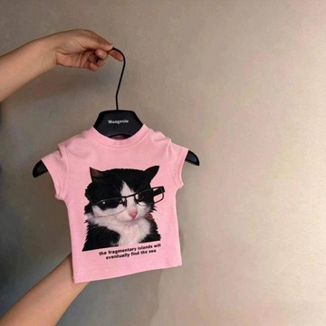 Mini baby🌷韓版女童短袖T恤中中小童ins風圓領貓咪印花修身上衣