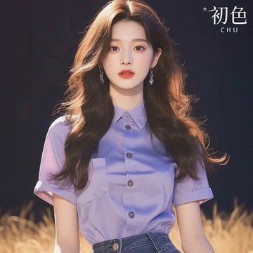 初色 純色單排釦胸口袋POLO領短袖襯衫T恤上衣女上衣-紫色-36513(M-XL可選)