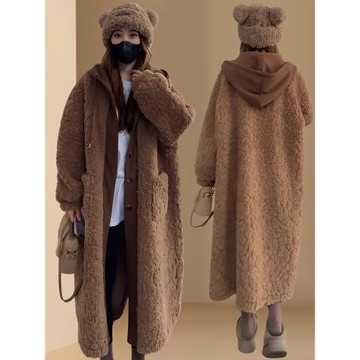 歐貨假兩件連帽中長款毛毛外套女秋冬小眾設計感寬松顯瘦保暖大衣