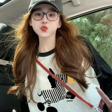 純棉拼接撞色圓領長袖t卹女春秋爆款斑馬印花寬鬆顯瘦薄打底上衣