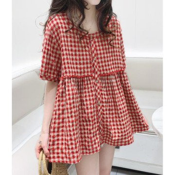 夏季韓版新款棉麻上衣女格子襯衫女裝寬松短袖減齡A字高腰娃娃衫