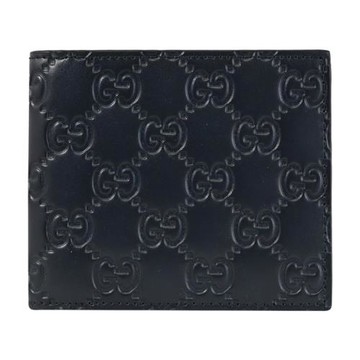 GUCCI 779836 GG LOGO簡約壓花皮革對開八卡短夾.深藍