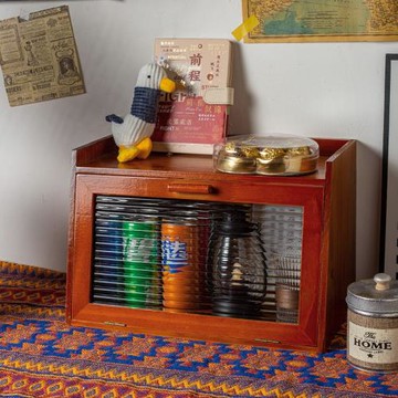 實木復古杯子收納架玻璃門置物架大容量翻蓋咖啡杯防塵桌面收納盒