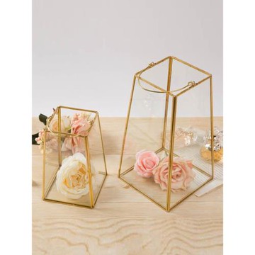 北歐復古防風梯形玻璃風燈手提燭臺擺件 創意餐桌婚慶裝飾盒花房