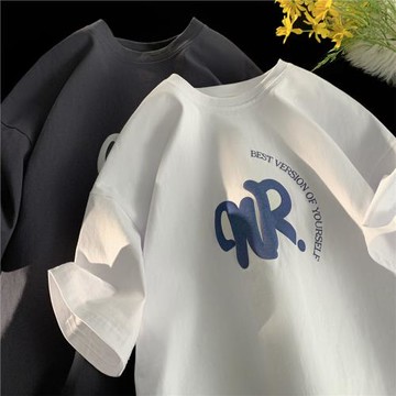 純棉t恤男ins潮流簡約字母印花半袖體恤美式復古重磅短袖夏季衣服