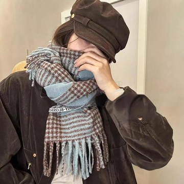 圍巾 格子圍巾 披肩圍巾 空調被 小毯子 藍色圍巾 韓系圍巾 小臉神器 仿羊絨圍巾 保暖披肩 加厚圍脖 暖 禮物 017
