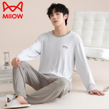 貓人莫代爾睡衣男士春秋季薄款長袖套頭涼感家居服春夏天中年套裝