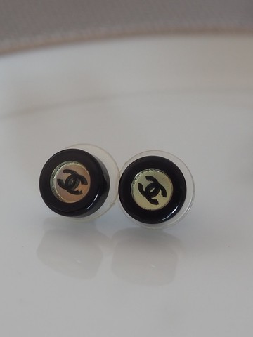 CHANEL 香奈兒 雙C 鏡面 夾式耳環 黑色 古著