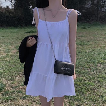 韓國chic夏季法式氣質一字領露肩系帶蝴蝶結收腰無袖吊帶連衣裙女