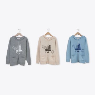 【CUMAR】閃耀甜點小熊連帽拉鍊式針織外套 藍 卡 灰