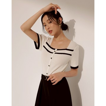 CHIC A SPACE 撞色線條方領排扣羅紋針織衫(白/淺灰) 女裝 現貨 氣質 高級感